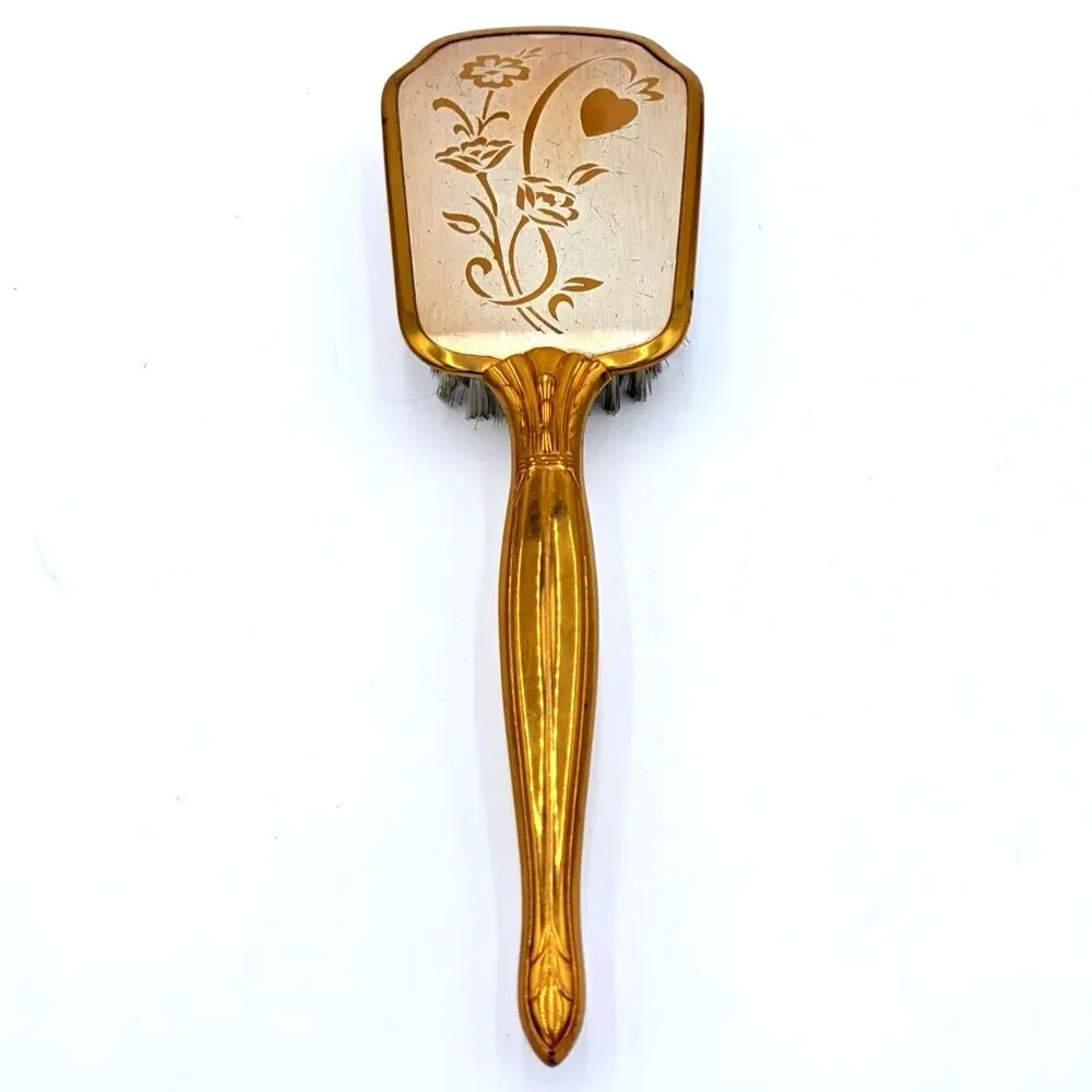 Vintage Gold Tone Vanity Hair Brush Floral Heart Dresser Brush